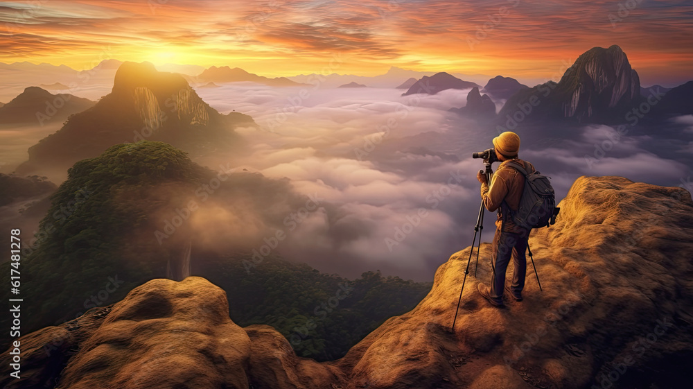 photorealism of Asia, a man taking a photo of a mountain, a photo of a person with a camera, on top of a mountain