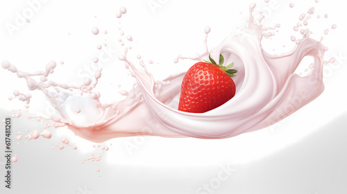 Dynamic interaction of milk splash with strawberry, creating a smooth wave of yogurt and cream, generative by AI.