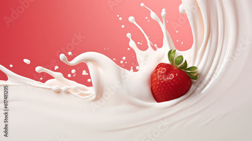 Dynamic interaction of milk splash with strawberry, creating a smooth wave of yogurt and cream, generative by AI.