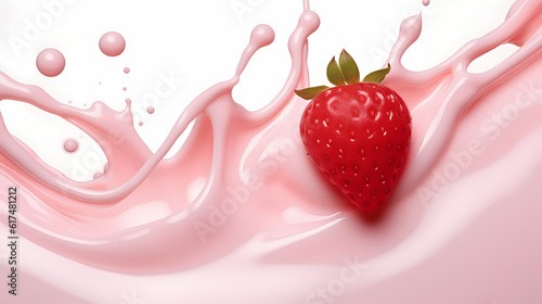 Dynamic interaction of milk splash with strawberry, creating a smooth wave of yogurt and cream, generative by AI.