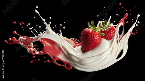 Dynamic interaction of milk splash with strawberry, creating a smooth wave of yogurt and cream, generative by AI.