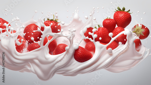Dynamic interaction of milk splash with strawberry, creating a smooth wave of yogurt and cream, generative by AI.