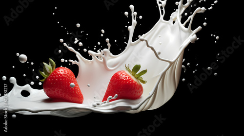 Dynamic interaction of milk splash with strawberry, creating a smooth wave of yogurt and cream, generative by AI.