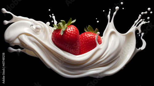 Dynamic interaction of milk splash with strawberry, creating a smooth wave of yogurt and cream, generative by AI.