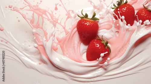 Dynamic interaction of milk splash with strawberry, creating a smooth wave of yogurt and cream, generative by AI.