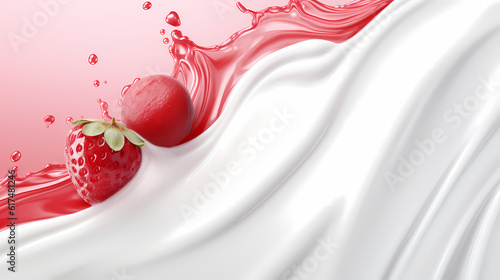 Dynamic interaction of milk splash with strawberry, creating a smooth wave of yogurt and cream, generative by AI.
