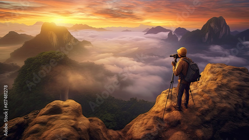 photorealism of Asia, a man taking a photo of a mountain, a photo of a person with a camera, on top of a mountain © JKLoma