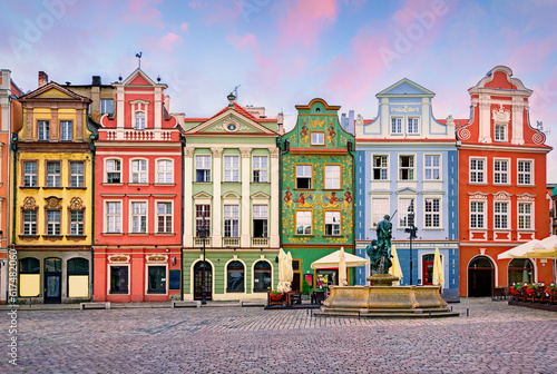 Colorful renaissance facades on the central market square, Poznan, Poland photo
