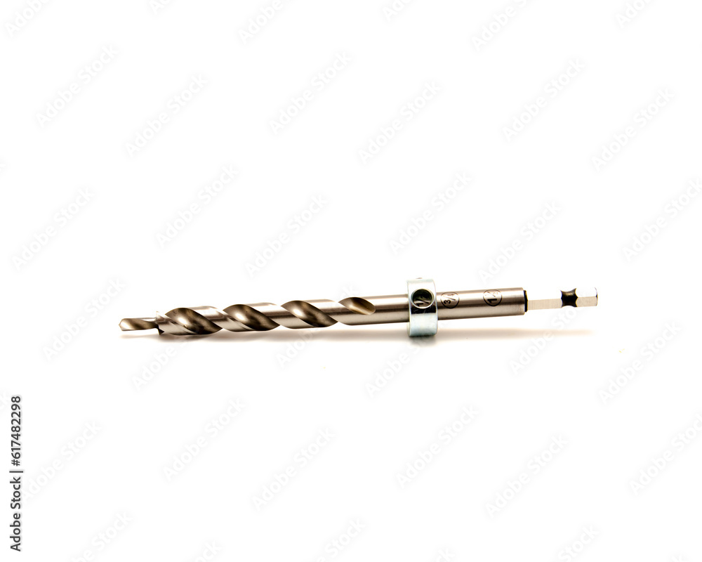 Pocket hole brill bit with material thickness settings, stop collar for woodworking joinery isolated on white background, clipping path and copy space Pocket hole brill bit with material thickness settings, stop collar for woodworking joinery isolated on white background, clipping path and copy space