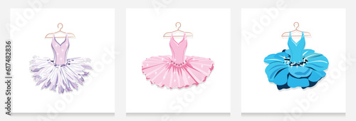 Beautiful tutu in pastel colors on a hanger. Set of vector illustration isolated on white background to decorate a flyer, poster, invitation or social networks.