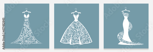 A beautiful lace dress hangs on a hanger for a wedding, evening or prom. Beauty and fashion. Set of background vector illustration template for invitation, flyer or postcard.