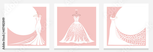 A beautiful lace dress hangs on a hanger for a wedding, evening or prom. Beauty and fashion. Set of background vector illustration template for invitation, flyer or postcard.