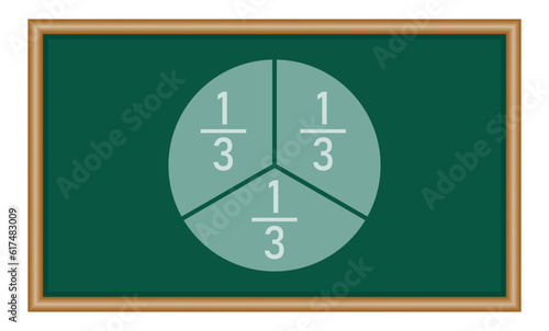 One-third fraction circle with fraction number. Fraction parts. Numerator, denominator and dividing line. Mathematics resources for teachers and students. Vector illustration.