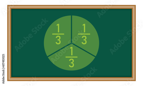 One-third fraction circle with fraction number. Fraction parts. Numerator, denominator and dividing line. Mathematics resources for teachers and students. Vector illustration.