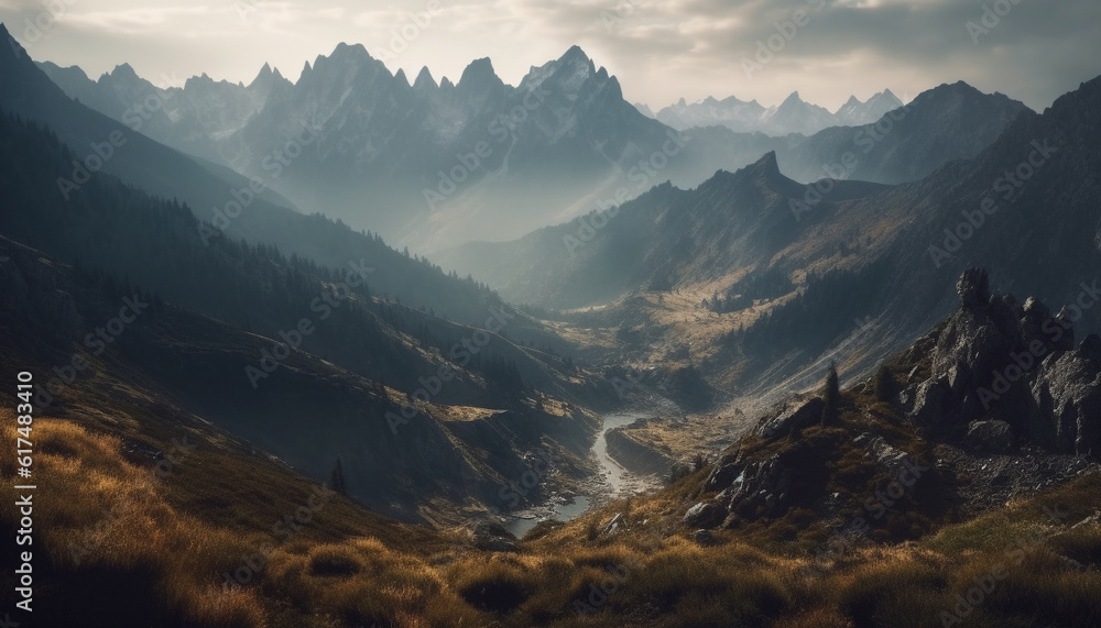 Fototapeta premium Majestic mountain range, tranquil meadow, mysterious wilderness generated by AI