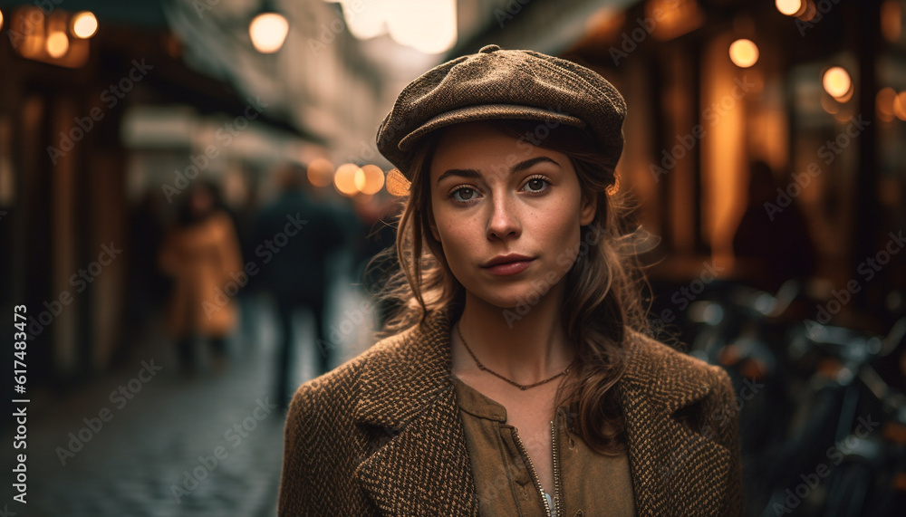 Young women walking in the city at night generated by AI Young women walking in the city at night generated by AI