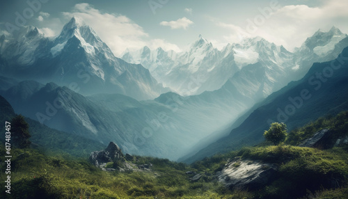 Majestic mountain range  tranquil meadow  panoramic beauty generated by AI