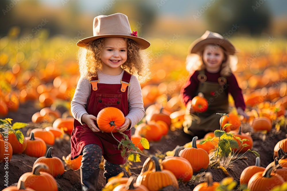 Kids picking pumpkins on Halloween pumpkin patch Kids picking pumpkins on Halloween pumpkin patch