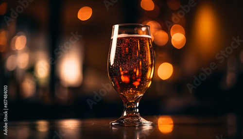 Frothy beer glass on wooden bar counter generated by AI