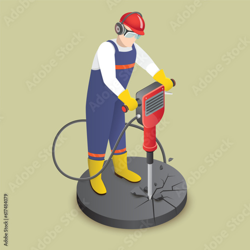 3D Isometric Flat Vector Icon of Construction Worker , Drilling with Jackhammer