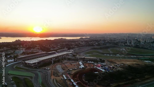 Aerial view of the region of Interlagos and Cidade Dutra in São Paulo. Houses, buildings and car traffic during late afternoon in 2023.