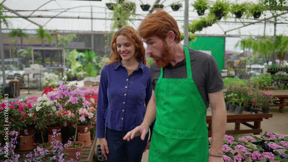 Local Flower Shop Scene_ Male Employee Helping Female Customer with Plant Selection Local Flower Shop Scene_ Male Employee Helping Female Customer with Plant Selection