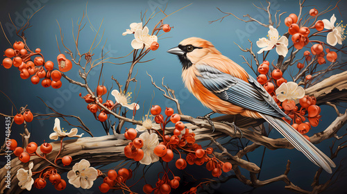 Songbird on a floral branch with red berries.  Songbird wallpaper, mural with a blue background.    © Feathering Flower