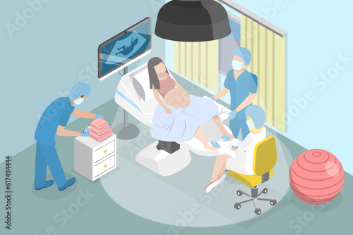 3D Isometric Flat Vector Conceptual Illustration of Childbirth, Pregnant Woman Giving Birth to a Baby in Hospital