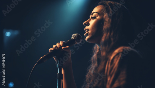 Young woman sings rock music on stage generated by AI