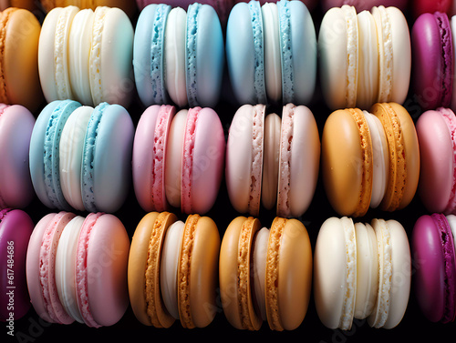 Colorful French assorted macaroons top down pastel colored dessert. Close up tasty sweet color macaron. Bakery concept.
