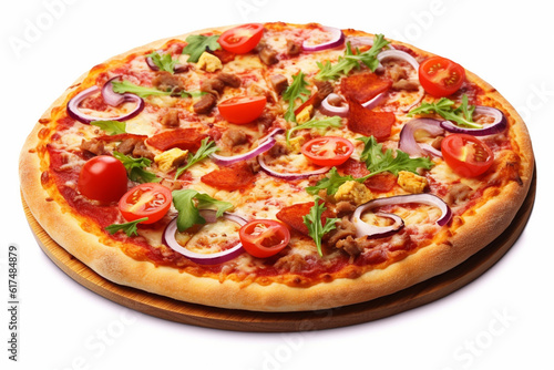 Pizza with Bacon, Salami, and Vegetables Isolated on a White Background 