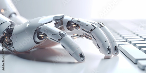 Closeup view of robot hand near keyboard.AI generated. photo