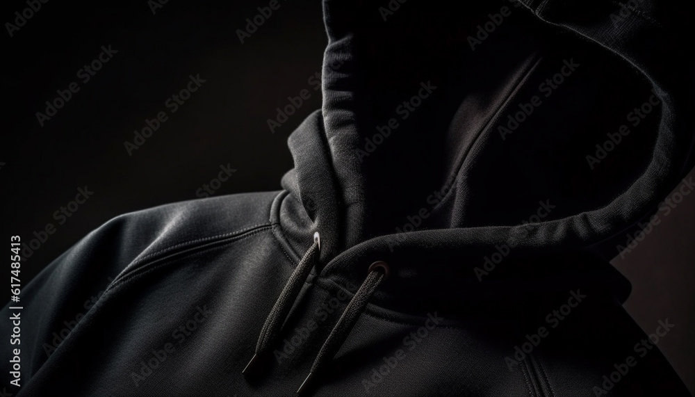 Hooded burglar in black clothing hides in shadows generated by AI