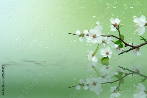 cherry blossom in spring, Serenity in Green: A Delicate Photograph of a White Flowering Branch Framed by a Polished Light Green Background, Exuding Feminine Sensibilities and Inviting Tranquility