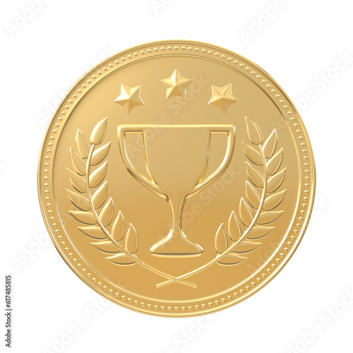 Gold medal with a trophy, laurels and stars. Victory, best product, service or employee, first place concept. Png clipart isolated on transparent background