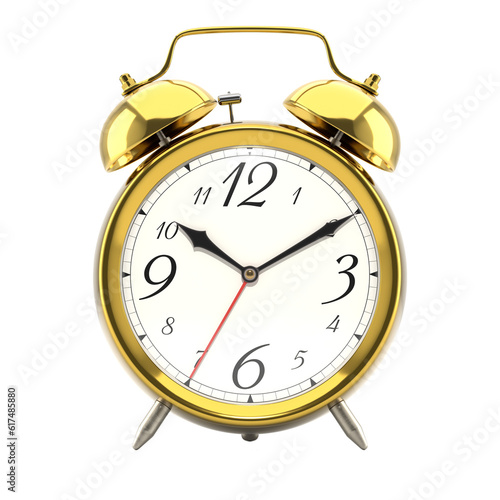 Alarm clock, vintage style golden metallic color clock with black hands.
