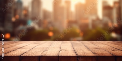 Empty wooden table with cityscape bokeh background, generative ai