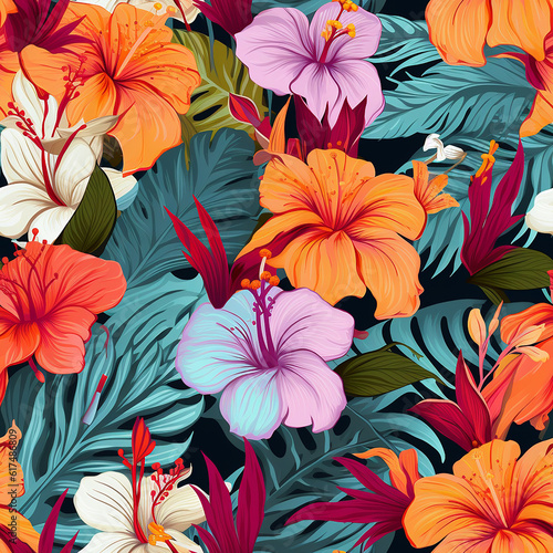 Seamless tropical floral pattern with bright flowers and exotic leaves