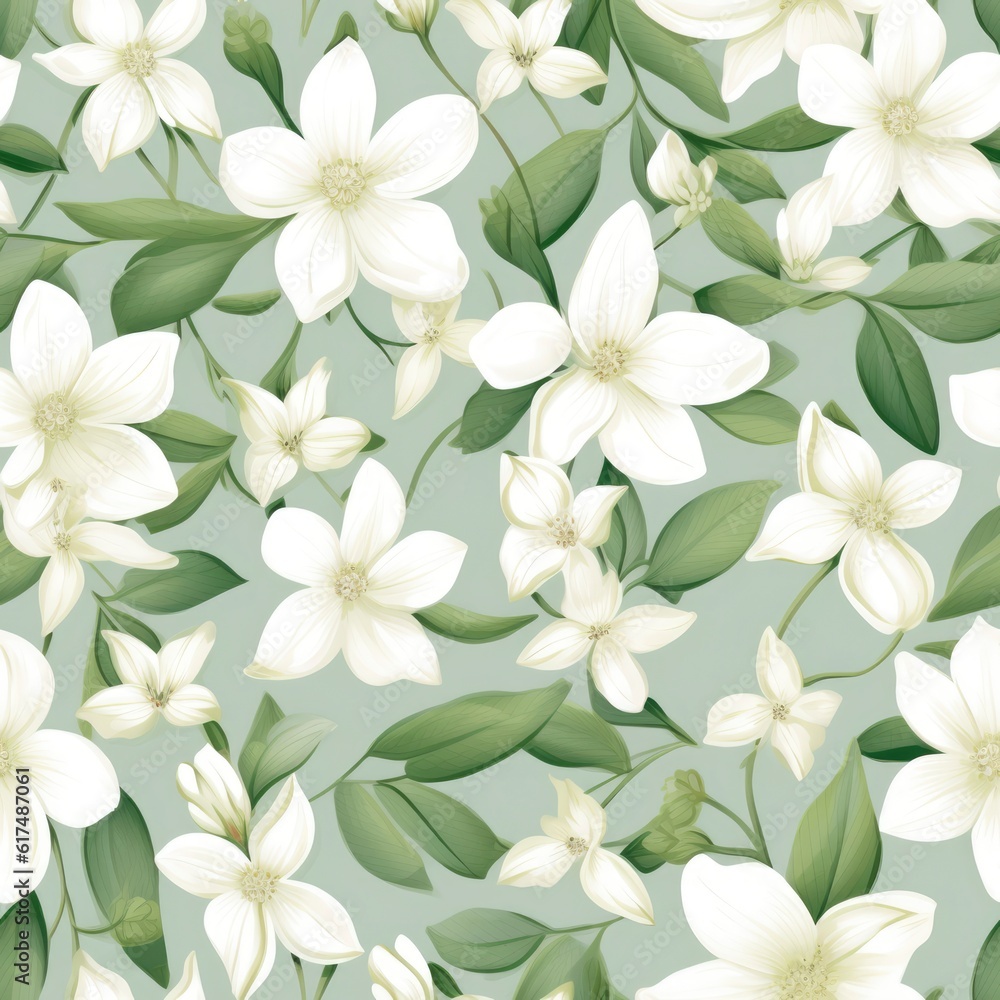 Obraz premium Photo seamless pattern with white flowers and green background