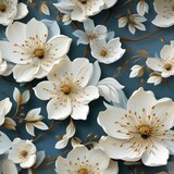 A seamless floral pattern with white flowers and blue background