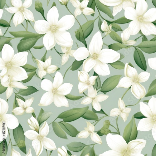 Photo seamless pattern with white flowers and green background