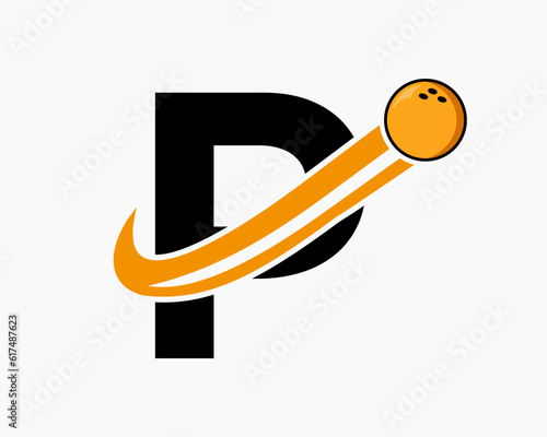 Letter P Bowling Logo. Bowling Ball Symbol With Moving Ball Icon