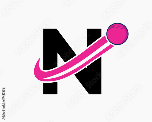 Letter N Bowling Logo. Bowling Ball Symbol With Moving Ball Icon