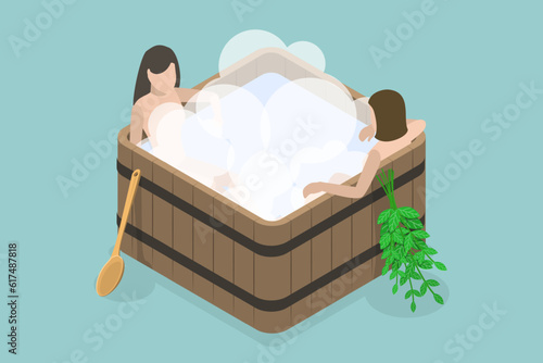 3D Isometric Flat Vector Conceptual Illustration of Japanese Spa, Relaxation Therapy, Hot Steam Healthcare