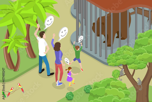 3D Isometric Flat Vector Conceptual Illustration of Visiting Zoo, Family Time