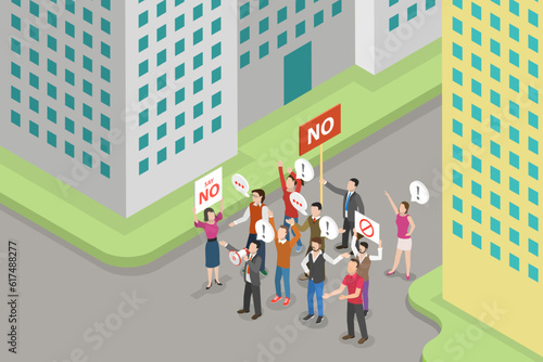 3D Isometric Flat Vector Conceptual Illustration of Revolution or Demonstration, Protesting People