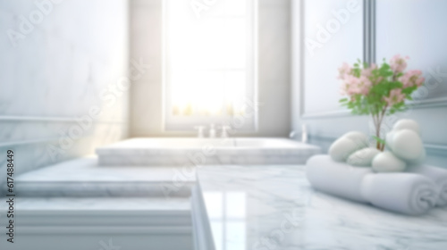 white marble table in bright interior with natural light and space for advertising text  light table mockup in home interior  generative ai