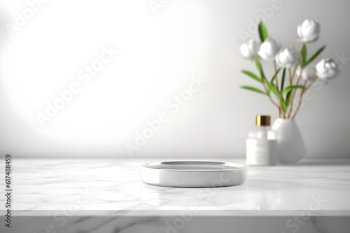 white marble table in bright interior with natural light and space for advertising text  light table mockup in home interior  generative ai