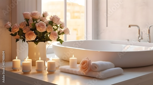 romantic light bath background with pink roses at sunset, generative ai