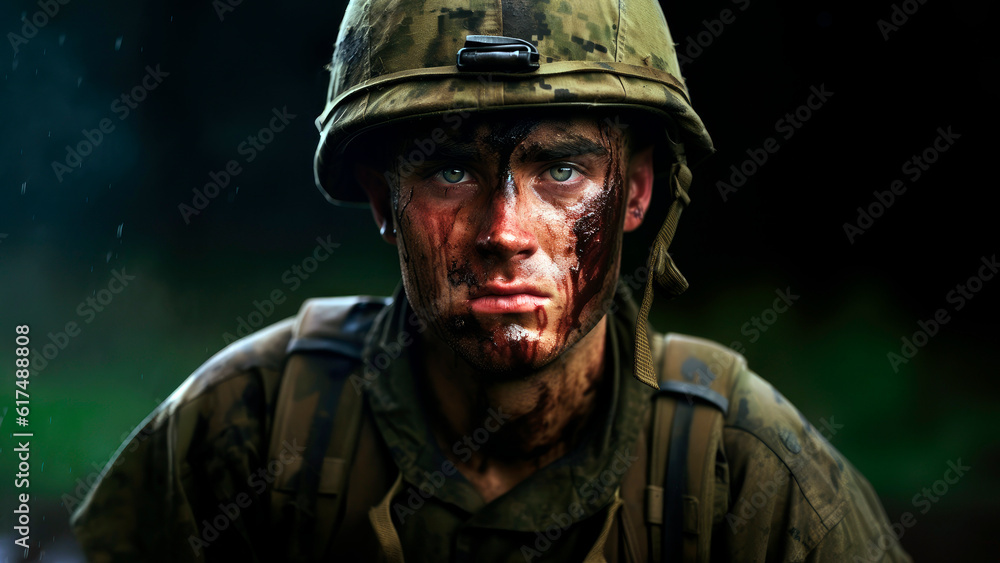 soldier in battle weary uniform, face smeared with dirt and determination soldier in battle weary uniform, face smeared with dirt and determination